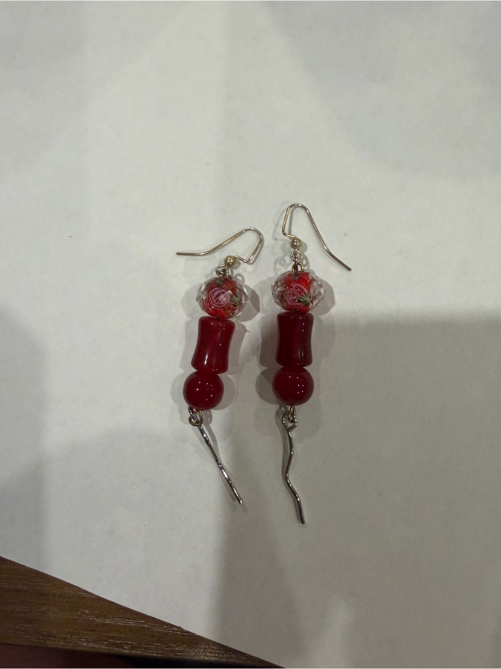Red Glass Bead Dangle Earrings - Elegant Floral Accent